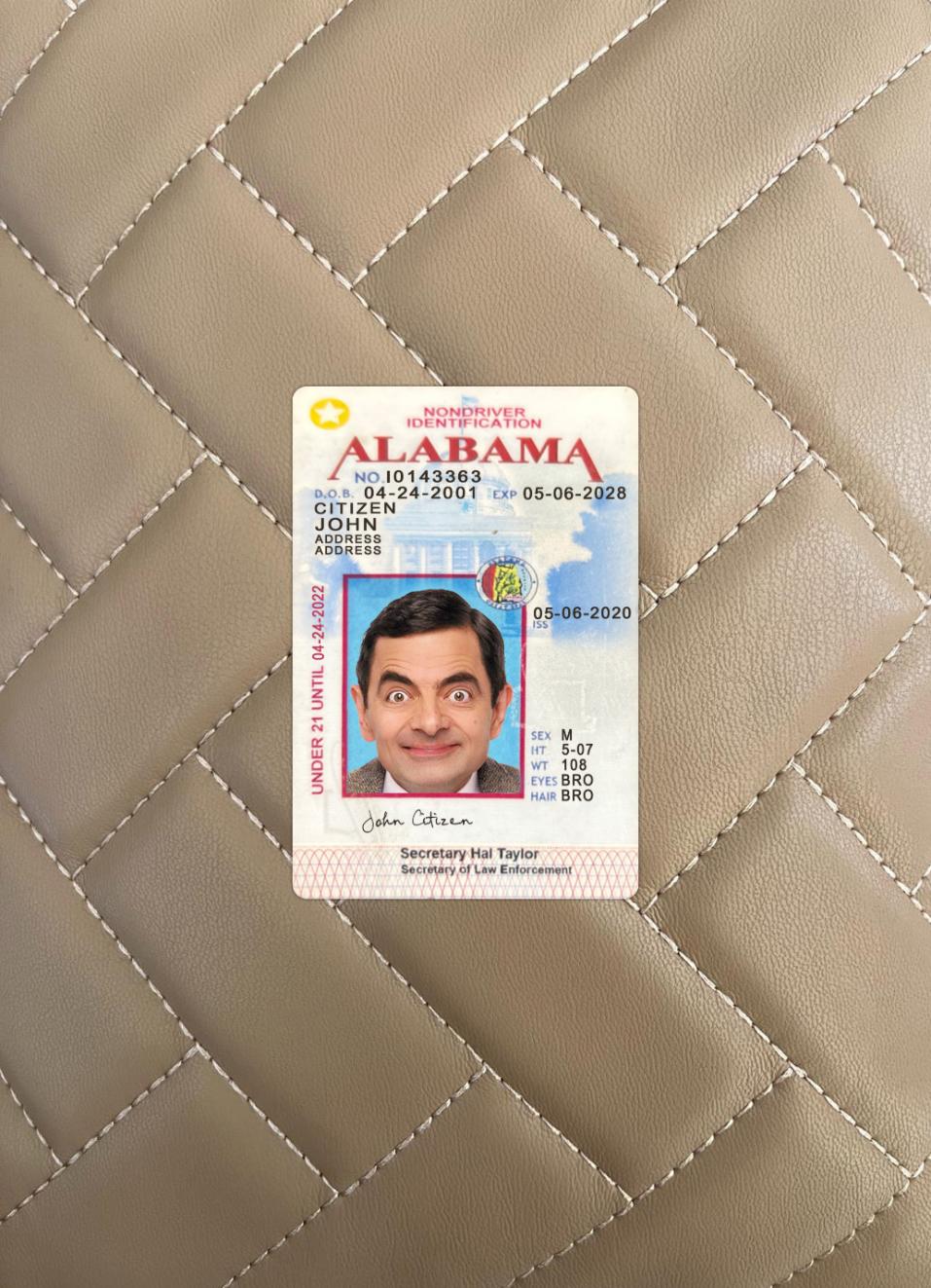 Downloadable USA Alabama under 21 ID card photolook example